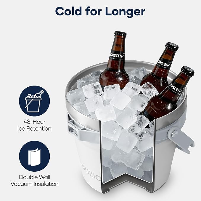 BUZIO 7.4 Qt/7 L Ice Bucket for Parties with Lid and Scoop & Tongs, Double Wall Vacuum Insulated Stainless Steel, Holds 6 Longnecks or 3 Wine Bottles, Large Beverage Bucket for Champagne, White