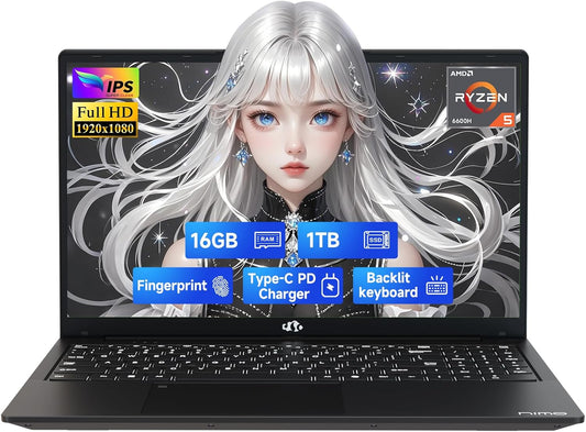 NIMO 15.6" IPS FHD-Gaming-Laptop, AMD Ryzen 5 6600H 6 Cores 16GB DDR5 RAM 1TB SSD (Beat i7-1165G7, Up to 4.5GHz) Radeon 660M GPU-Computer with Backlit Keyboard 100W Type-C Fingerprint Win 11