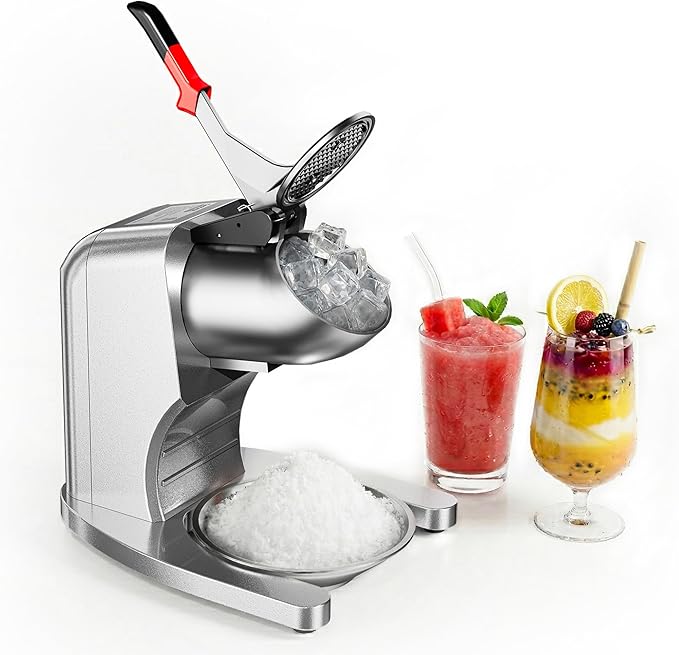 Commercial Ice Crusher, 2000RPM 250LBS/H Shaved Ice Machine with Stainless Steel Bowl, 350W Electric 4 Blades Snow Cone Machine for Home Use, Bars, Cafes, Parties, Silver