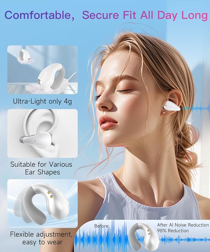 Upgraded Ultra Open Ear Earbuds - Lightweight Comfort Clip-On Wireless Bone Conduction Earbuds, Secure Fit & AI-Powered Clear Calls Bluetooth Open Ear Headphones for Work,Commute,Workout,Running,White