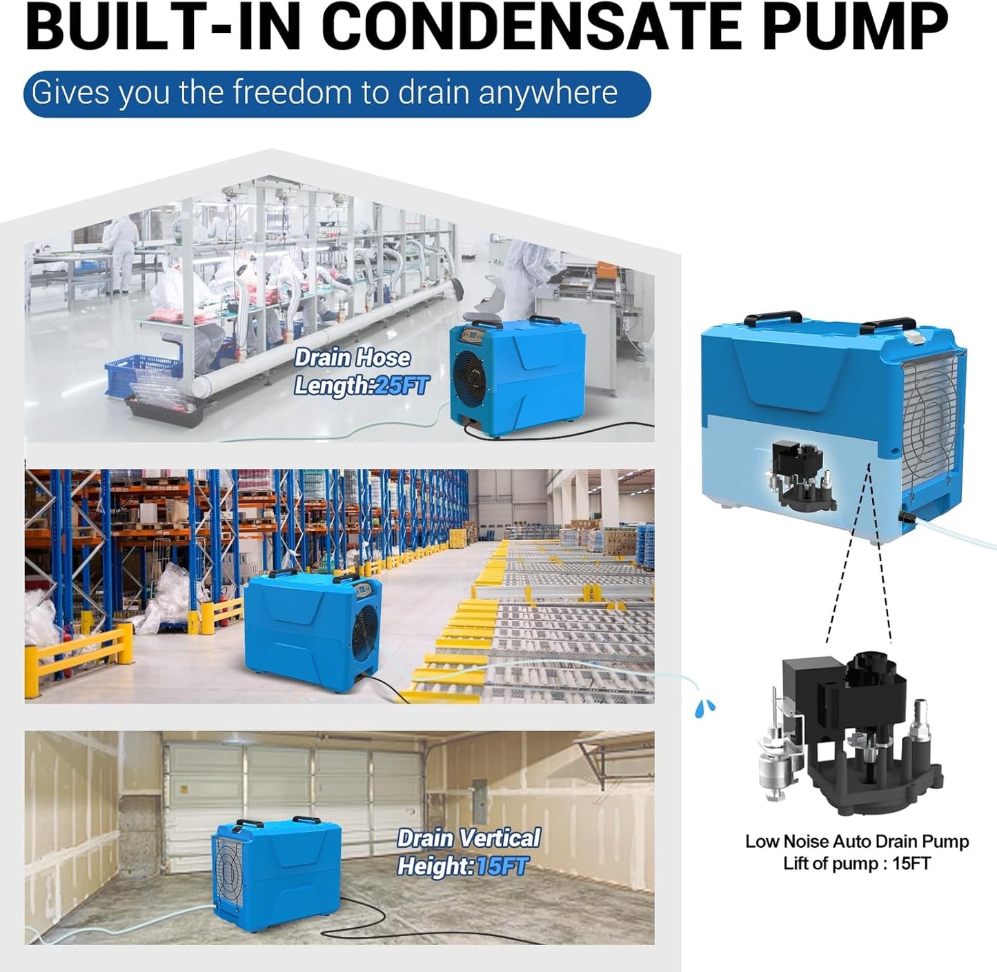 MOUNTO Commercial Dehumidifier, 150 Pint High-Capacity, Includes Pump Drain Hose for Water Damage Restoration, Ideal for Basements, Warehouses & Job Sites