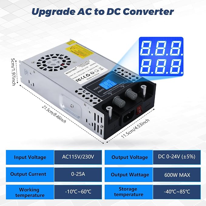 AC to DC Converter 110V-12V DC Power Supply Adjustable 0-24V 0-25A SMPS Max 600W Switching Power Supply for Led Strip, Motor Pump, CCTV, 3D Printer, Lab Computer