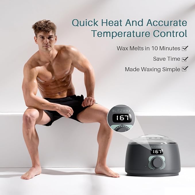 BLITZWAX Back and Nose Waxing Kit for Men, Hard Wax Warmer for Brazilian, Body and Face, At Home Hair Removal Kit, Beginner Friendly, Quick Heating, 93 Accessories, Charcoal Grey