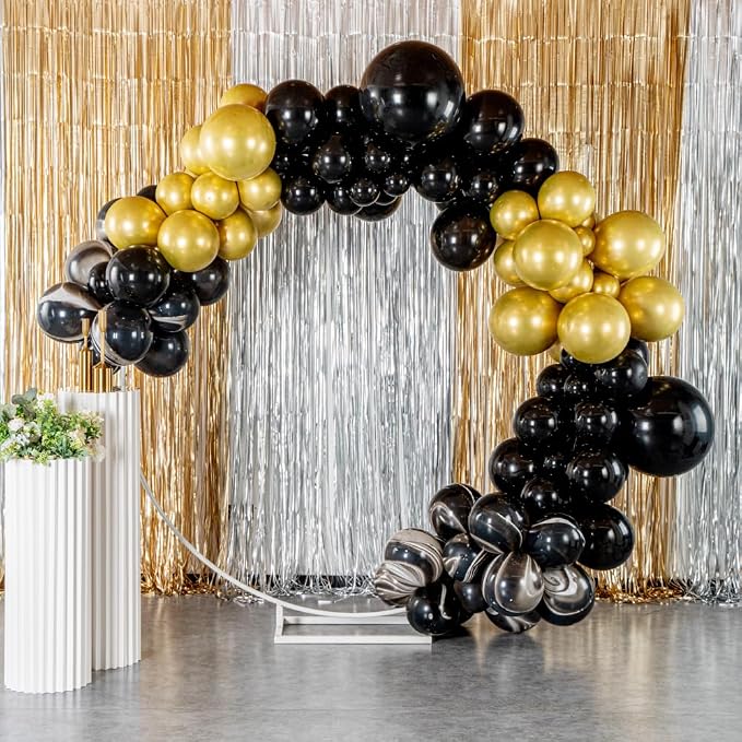 Restaurantware-Balloonify Balloon Garland Set, 1 Party Decoration Kit - 132 Balloons, With Chain, Black & Gold Latex Balloon Arch Kit, Includes Glue Dots
