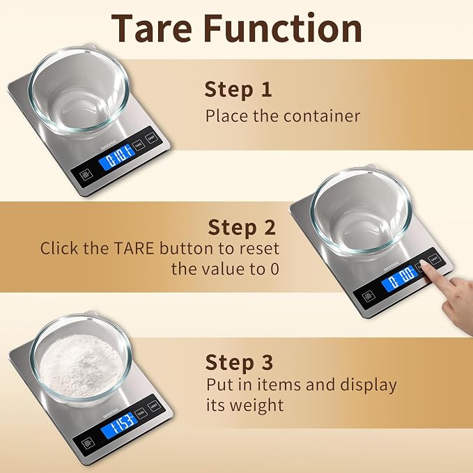 Food Scale, 15kg/33lb Digital Kitchen Scale with Stainless Steel & Tempered Glass, 1g/0.05oz Precise Weighing, Splash-Resistant and Sturdy Surface, for Cooking, Baking, Weight Loss, Meal Prep