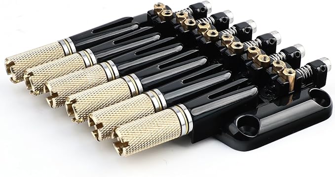 Fanned-fret 6 String Headless Guitar Bridge 10.5mm Headless Fixed Bridge -Brass Saddles Zinc Alloy Plate, Easy Installation/Adjustment, Fits Most 6-String Headless（Gold Tailpiece Nut）