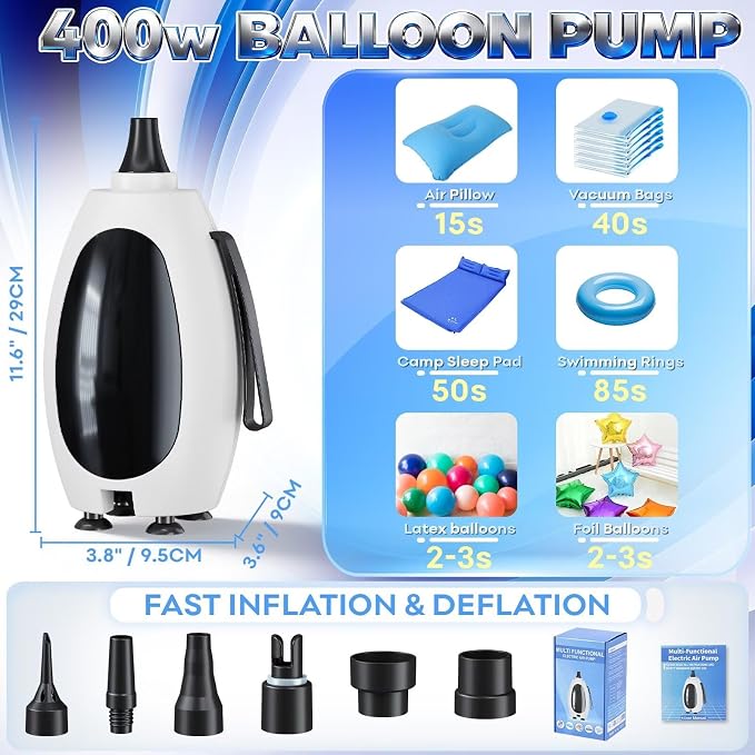 Togvu Electric Balloon Pump, 3-in-1 Portable Air Pump for Inflatables and Balloons, Dual Nozzle Balloon Blower Machine for Latex 260q Foil Balloons 110V Inflator Deflator for Pool Floats Air Mattress