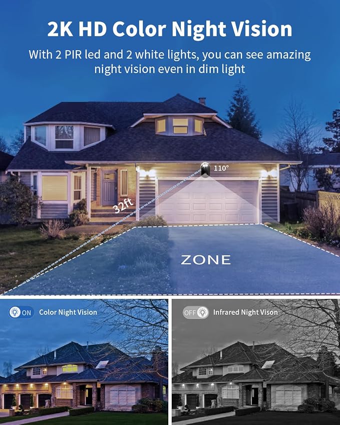 Security Cameras Wireless Outdoor, Battery Powered 2k Color Night Vision, AI Motion Detection, IP66 Weatherproof, 2-Way Talk, SD/Cloud Storage, 2.4Ghz WiFi Cameras for Home Security(with Solar Panel)