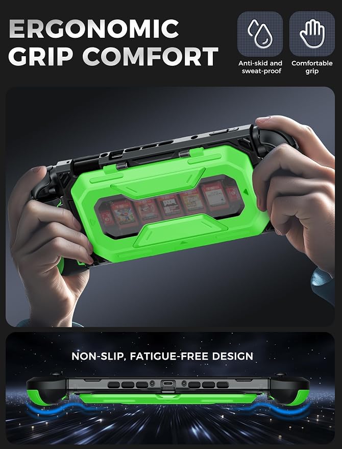Mumba Dockable for Nintendo Switch 2 Case with Flip Stand, [Titan] Ergonomic Switch 2 Grip Protective Cover Holds 5 Game Cards & 2 TF Cards TPU Accessories and Quick-Release Joy-Con Design (Green)