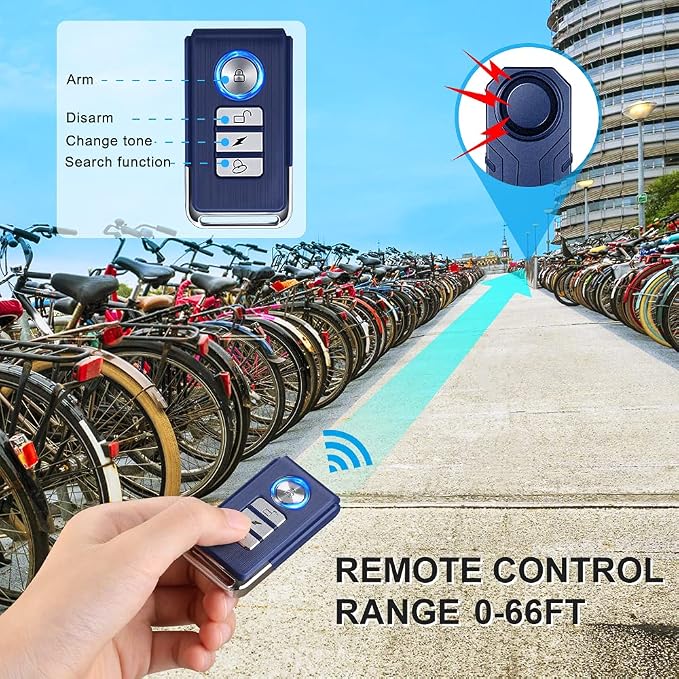WSDCAM Bike Alarm with Remote 2 Pack (Black + Blue), 113dB Wireless Anti-Theft Vibration Alarm Door Alarm Motorcycle Bicycle Vehicle Security Alarm System