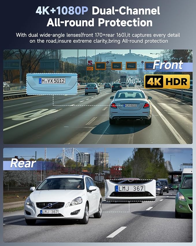 F8 4K Dash Cam Front and Rear, 170° Wide Angle Dshcam Front and Rear Camera with 64GB Card, 5G WiFi & App Control, WDR/HDR Night Vision, 24H Parking Mode, Loop Recording