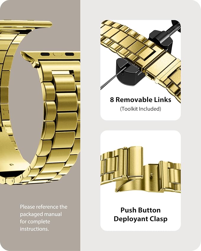 Fullmosa Metal Band Compatible with Apple Watch Bands Series 11 10 42mm, Stainless Steel Strap iWatch Band with Case for Apple Watch, Golden
