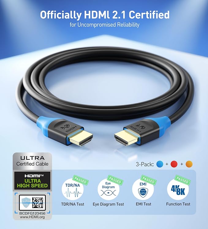 Cable Matters [Ultra High Speed HDMI Certified] 3-Pack 48Gbps 8K HDMI Cable 3.3 ft / 1m with 8K@60Hz, 4K@240Hz and HDR Support for PS5, Xbox Series X/S, RTX3080/3090, RX 6800/6900, Apple TV, and More