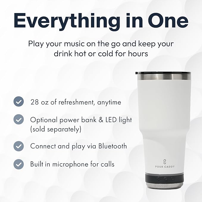 Vibe 28 oz Tumbler with Bluetooth Speaker, Insulated Stainless Steel Travel Cup with Lid, Hot & Cold Drink Beverage Container, Removable Speaker with Microphone, Rubber Base, White