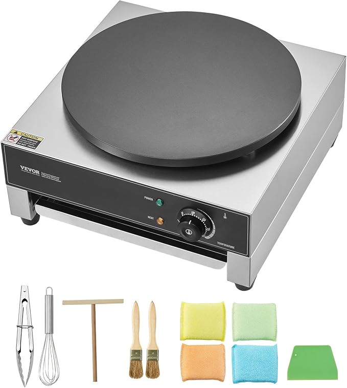 VEVOR Electric Crepe Maker, 16-Inch Commercial Crepe Machine, 1700W Flat Plate Crepe Griddle, Nonstick Stainless Steel Pancake Making Machine, Desktop Circular Cereals Pancake Stove with Temp Control