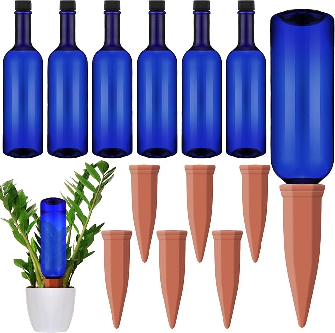 Teenyyou 12 Pcs Watering Spikes for Indoor Plants Include Terracotta Self Watering Spikes Devices and 26 oz Plastic Bottles Slow Release Vacation Insert Automatic(Blue)