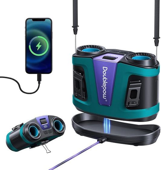 Doublepow 24000mAh Portable Waist Fan, Personal Fan, Dual Air Ducts Motors, 2026 Upgrade Equipped Charging Dock Storm Mode 1-100 Roller Adjustmen, Wearable Neck Clip On Belt, for Outdoor, Work (Blue)