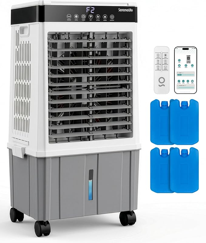 SereneLife Portable Air Cooler with 2200 CFM Power - High-Performance Evaporative Air Cooler for Indoor and Outdoor Spaces, 21 L Tank, Oscillation, 24-Hour Timer, Remote Control Cooling System