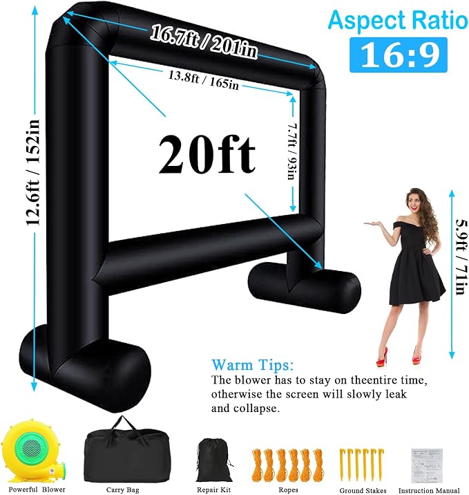 Inflatable Projector Screen Outdoor, 20FT Blow up Movie Screen Support Front & Rear Projection for Backyard Outdoor Movie Night Barbecue Pool Party with Blower and Carry Bag