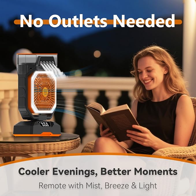Weljoy Desk Fan 5 Sprayers Rechargeable Misting Fan - 5 Speed Portable Cooling Fan 560ml Water Tank Aromatherapy Diffuser Timer 27000mAh Battery (Black & Orange)