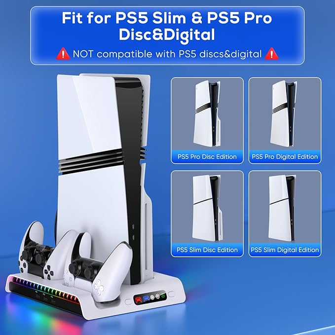 FASTSNAIL Charging Stand with Cooling Fan for PS5 Pro/Slim Console, Vertical Controller Charger Station with 9 RGB Lights & Headset Hook & 3-Level Silent Fan, Cooler Accessories for PS5 Pro/Slim
