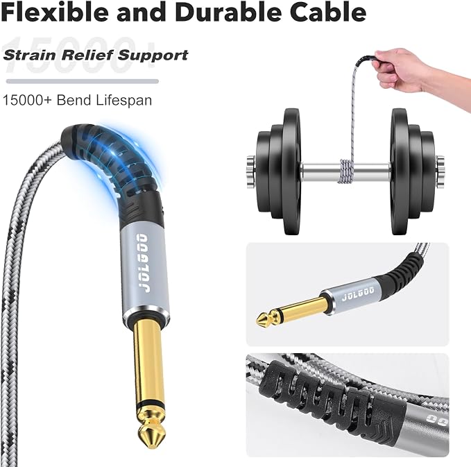 JOLGOO 1/4 Inch Guitar Instrument Cable 15 FT 2-Pack, 1/4 inch TS Guitar Cable, Quarter inch Cable, for Electric Guitar, Bass, Keyboard, Mixer, Amplifier, Speaker, Electric Mandolin