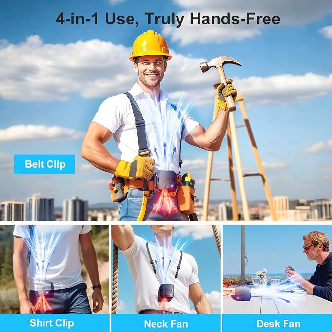 FULSUNT 2025 Upgraded Portable Waist Fan Clip On Up to 40H Cooling, 6 Speeds 14000RPM Powerful Airflow, 6000mAh Shirt Fan Body Fans Rechargeable, Wearable Belt Fans for Outdoor Work Travel