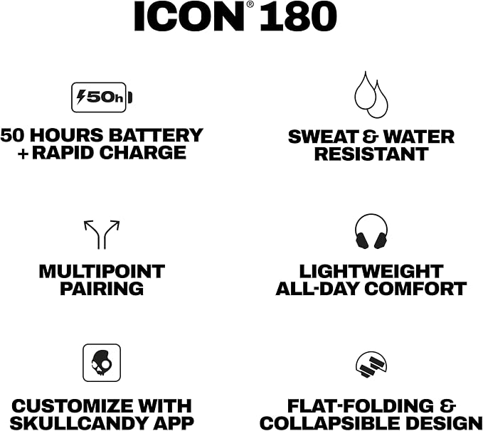 Skullcandy Icon 180 Wireless On-Ear Bluetooth Headphones, Up to 50 Hours Battery, Lightweight and Travel Ready, Secure Fit, Sweat and Water Resistant, Microphone iPhone Android - Cement