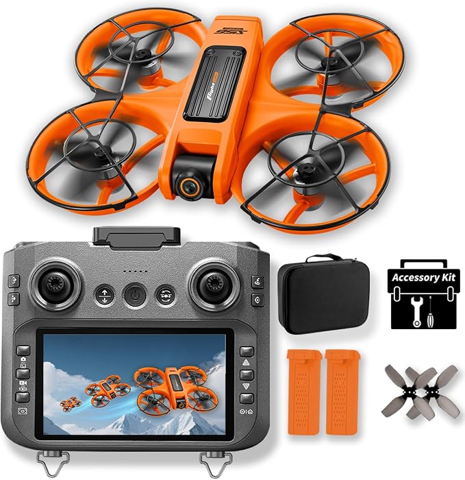 Drone with 4.5" HD Screen Remote, 2K Dual Camera Brushless Motor Quadcopter, 30 Min Flight with 2 Batteries, WiFi FPV, Follow Me, Auto Hover, 360° Protection, 3D Flip, Headless Mode, Includes Remote Lanyard - Great Gift for Adults and Beginners
