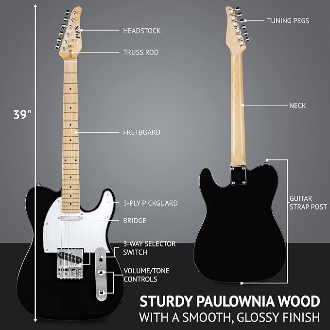 LyxPro 39” Electric Guitar TL Series, Full-Size Paulownia Wood Body, 3-Ply Pickguard, C-Shape Neck, Ashtray Bridge, Quality Gear Tuners, 3-Way Switch & Volume/Tone Controls, 2 Picks Included, Black