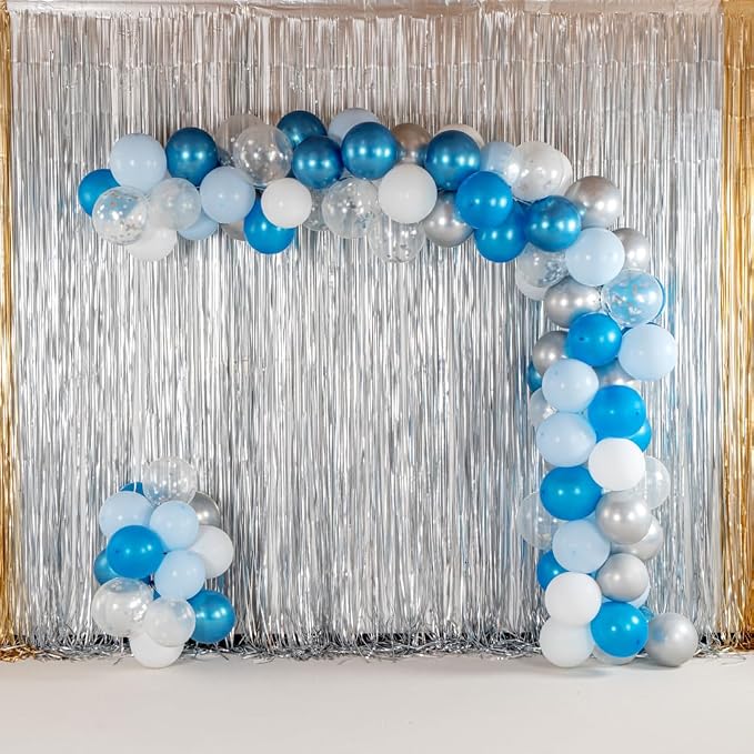 Restaurantware-Balloonify Balloon Garland Set, 1 Party Decoration Kit - 100 Balloons, With Chain, Blue, Silver, & White Latex Balloon Arch Kit, Includes Glue Dots, Ribbon & Knot