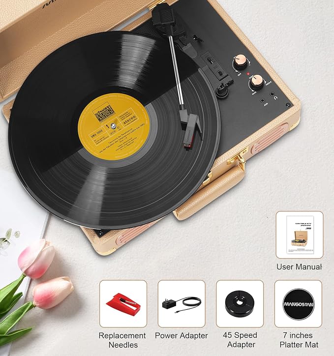 Record Player 3 Speed Bluetooth Portable Suitcase, Vinyl Phonograph with Built-in Bass & Speakers, Belt-Driven LP Player Support AUX-in RCA Line Out Headphone Jack, Champagne Gold