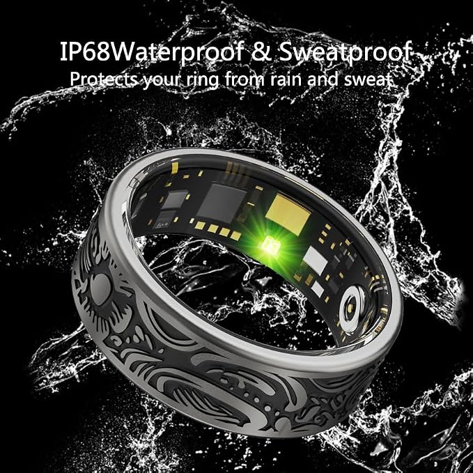 Smart Ring - Fitness Tracker with Sleep Monitor, Pedometer & 20+ Exercise Modes, IP68 Waterproof, USB Rechargeable, Stainless Steel Retro-Fashion (Black) (9#19.0mm)