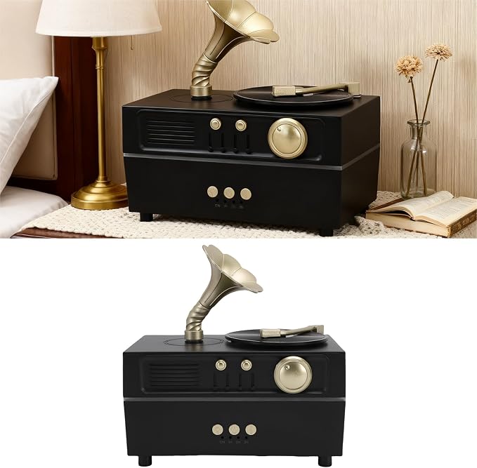 Retro Aromatherapy Humidifier, Unique USB Bluetooth Gramophone Style Vintage Oil Diffuser Cool Mist Machine for Home Relaxation and Bedroom Decor