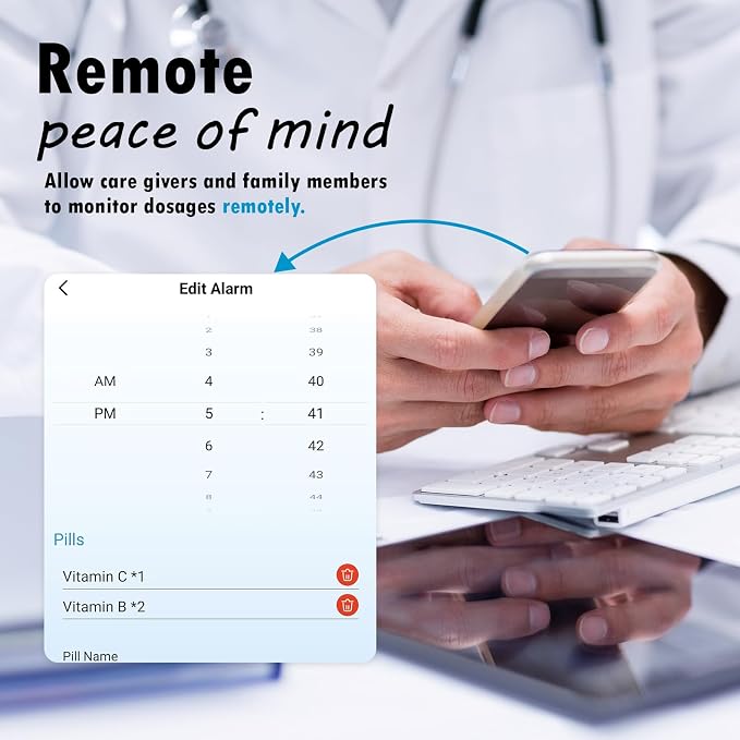 WiFi Automatic Pill Dispenser with Remote Operation via App for Caregivers | Up to 9 Alarms & Sound-Light Reminders for Parkinson & Alzheimer Patients, Real-Time Monitoring & Adherence History Tracking