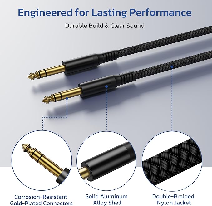 RUXELY 6.35mm TRS Instrument Cable 4.5M 2-Pack,Straight 1/4 Inch Male Jack Stereo Audio Interconnect Cord,Balanced Lead Line for Electric Guitar,Bass,Keyboard,Mixer,Amplifier,Amp,Speaker,Equalizer