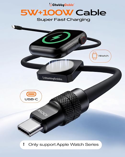 chubbycable Solo-Flex 2-in-1 USB-C Cable with Apple Watch Charger, Built-in 5W Magnetic Charger for Apple Watch, 100W Fast Charging, 4FT Thick Silicone Cable, Black