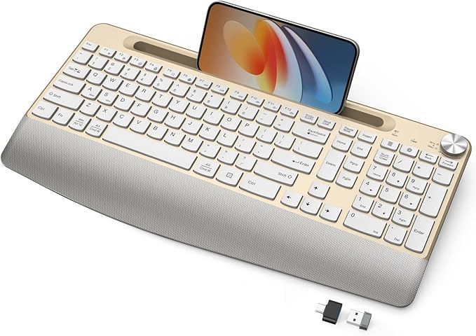 GAMCATZ Ergonomic Wireless Keyboard with Wrist Rest-Low-Profile,Phone/Tablet Holder,Quiet Design，Windows & Mac OS，Full Size Cordless USB Computer Keyboard for Desktop,Laptop, PC, Mac, Windows-Gold