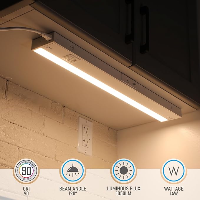 TORCHSTAR 4-Pack 22 Inch LED Under Cabinet Lighting 5CCT, ETL T24, 14W 1050LM, Hardwired & Plug-in, 5 Color Selectable CRI90 120V, Dimmable Under Counter Lights for Kitchen, White Aluminum Housing