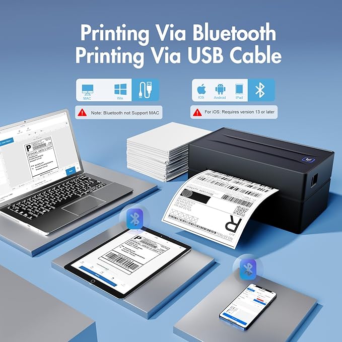 Bluetooth Thermal Shipping Label Printer (Black) + Thermal Direct Shipping Labels (Pack of 500 Fan-Fold Labels)