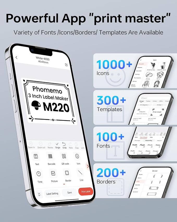 Phomemo Label Maker,M220 Label Printer,3 Inch Bluetooth Thermal Label Maker Machine with 7900+ Icons,1900+ Templates,550+ Fonts,for Kids School Items,Small Business,Large Sticker