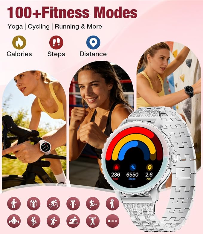 SUNKTA Smart Watch for Women (Answer/Make Call),1.27" Curved Display Smartwatch with Female Cycle/Sleep Monitor,5ATM Waterproof Fitness Tracker 100 Sport Modes Pedometer for Android/iOS,Silver