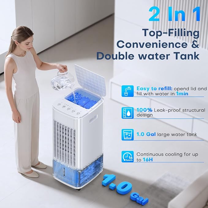 25" Windowless Portable Air Conditioners w/Double Tanks for 16H Cooling, 3-IN-1 Evaporative Air Cooler, Remote&Smart Timer, 3 Speed&Mode, 120° Swing Swamp Cooler Air Conditioner for Bedroom