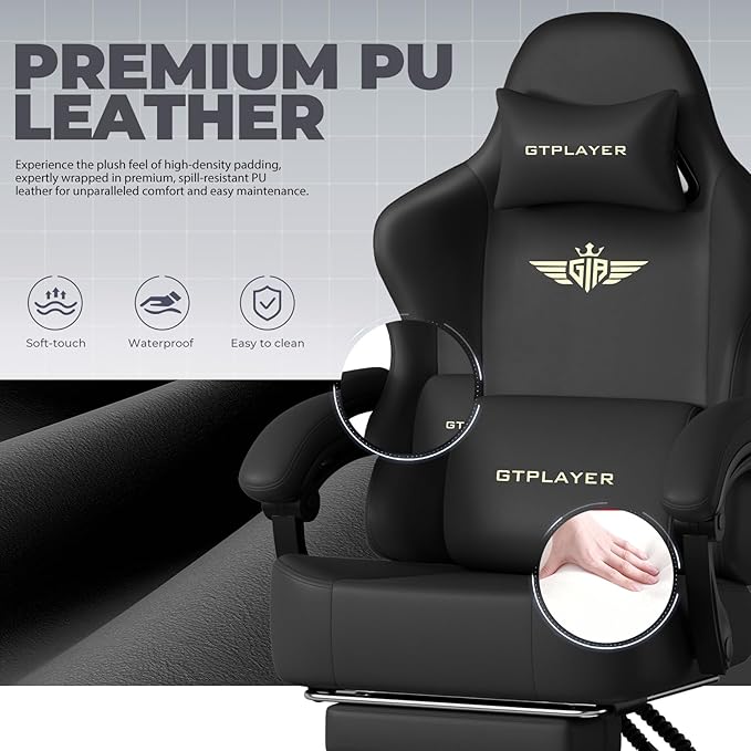 GTPLAYER Gaming Chair with Pocket Spring Cushion, Big and Tall Gamings Chairs 350LBS High Back Computer Chair with Footrest for Adults Lumbar Support Swivel Game Chair for Office, Leather Black