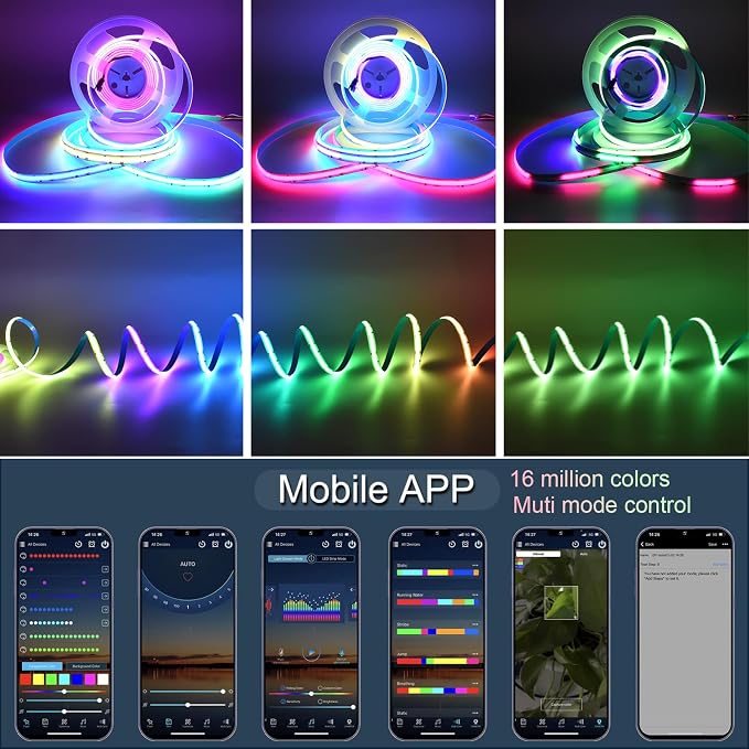 COB Led Light Strip RGB Smart IC Addressable 32.8FT, 24V Led Tape Lights with WiFi Bluetooth APP Remote Control, 10mm Width Flexible Color Chasing Light for TV Backlight Bedroom Party