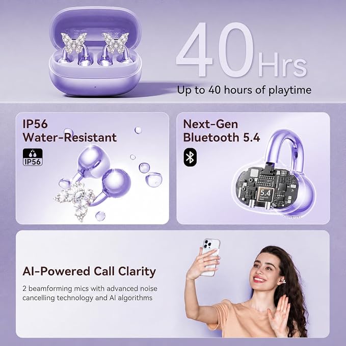 Kinglucky Gen2 Clip-On Earbuds with Butterfly Earrings, Charge & Store Without Removing Earrings, Comfortable Fit & 40H Playtime Bluetooth Open Ear Headphones for Women, Small Ears, Gifts (Purple)