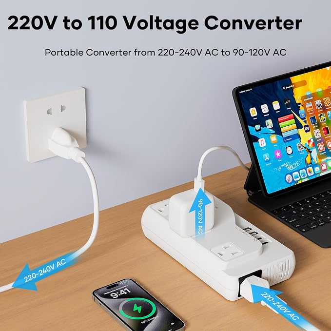 220v to 110v Voltage Converter, International Travel Adapter with 4 USB Charger (2 USB C), 3 AC Sockets and EU/UK/AU/Plug Power Adaptor for Hair Dryer Straightener/Curling Iron