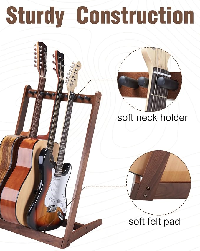 Multi Guitar Stand, Black Walnut Guitar Rack for 3 Acoustic/5 Electric/Bass | Guitar rack with soft felt pad and neck holder, guitar rack multiple guitars saves floor space, ideal for home studio display