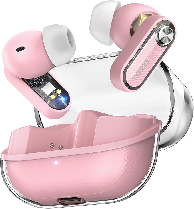 TOZO Crystal Pods Hybrid Active Noise Cancelling Wireless Earbuds, 10mm Drivers Deep Bass, 4 Mics Smart ENC AI Calls, Real-Time AI Translation, 32 EQ via App, Bluetooth 5.4, Crystal Design
