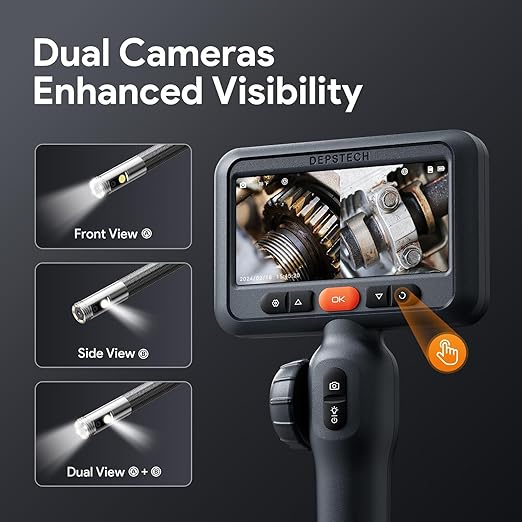DEPSTECH Articulating Borescope Camera with Light: Dual Lens Industrial Endoscope with 4.5" Screen & 5FT Snake Cable, Video Inspection Scope Camera Automotive Tool for Wall, Pipe, Mechanic
